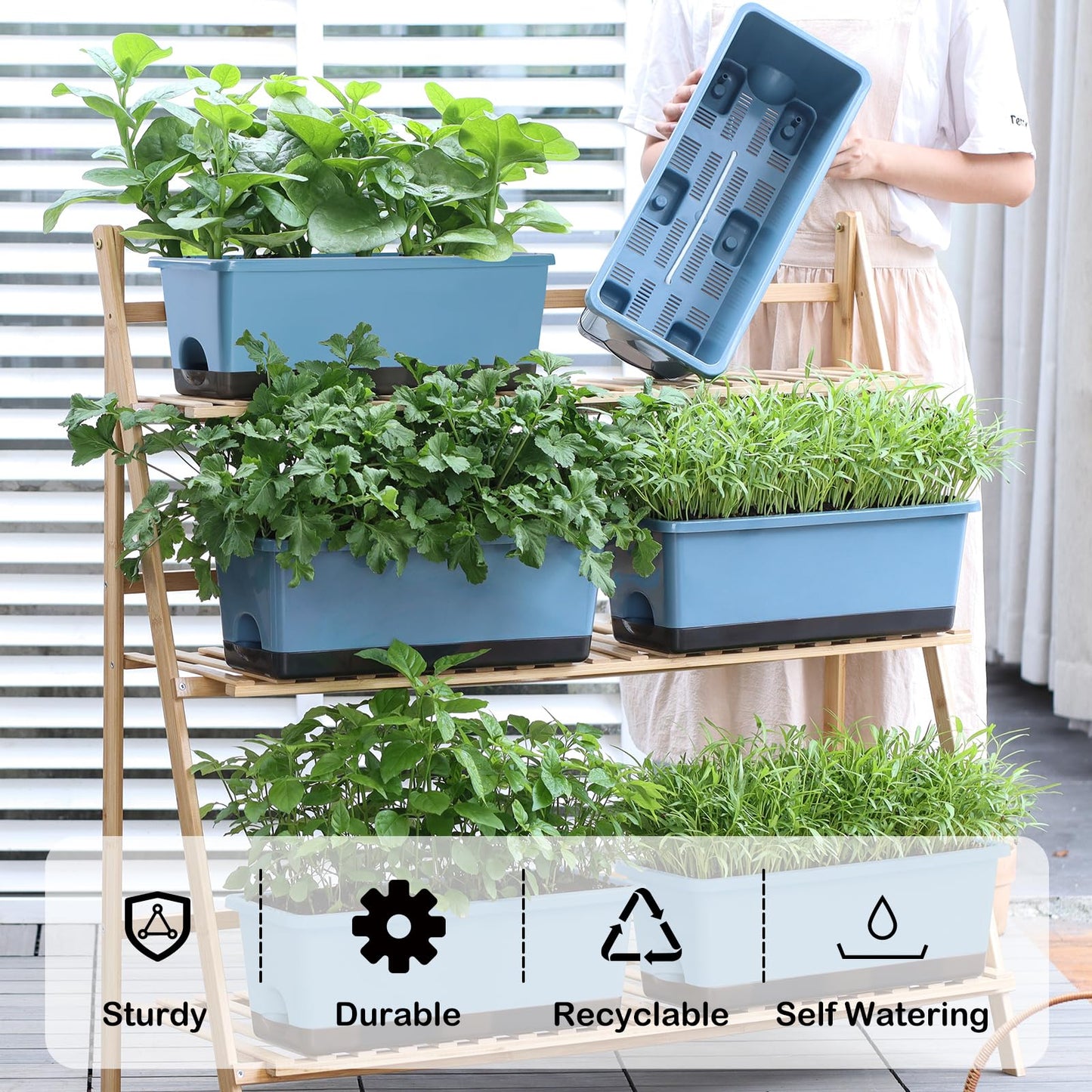 Oliz Window Box Planter 8 Pcs, 17 Inches Rectangle Flower Pots with Drainage Holes and Trays, Vegetable Planters for Windowsill Patio Garden Balcony Home Porch Yard Indoor Outdoor (Blue)