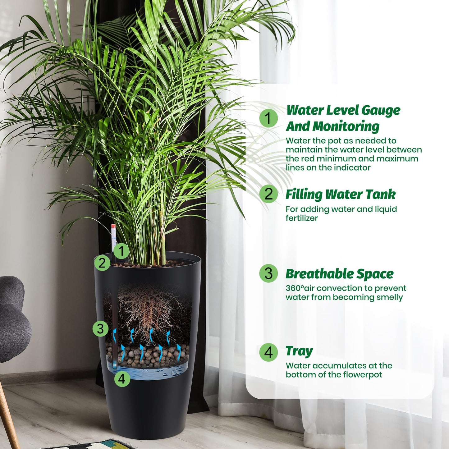 ActiveTrail 22 in Tall Planters Set of 2, Large Black Planters for Indoor & Outdoor Plants, Self Watering Pots with Water Level Monitor and Inner Bucket for Porch, Patio, Backyard