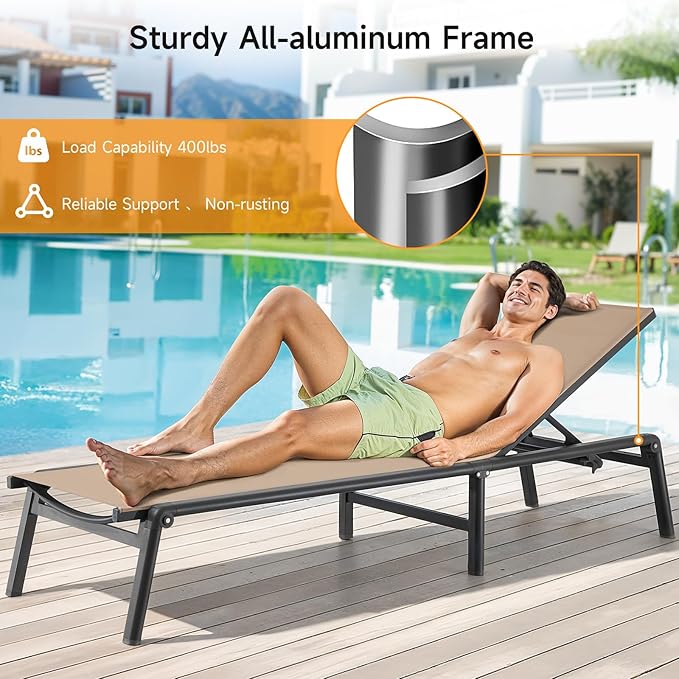 ONBRILL Aluminum Chaise Lounge Chair Outdoor, Foldable & Assembly Free Outdoor
