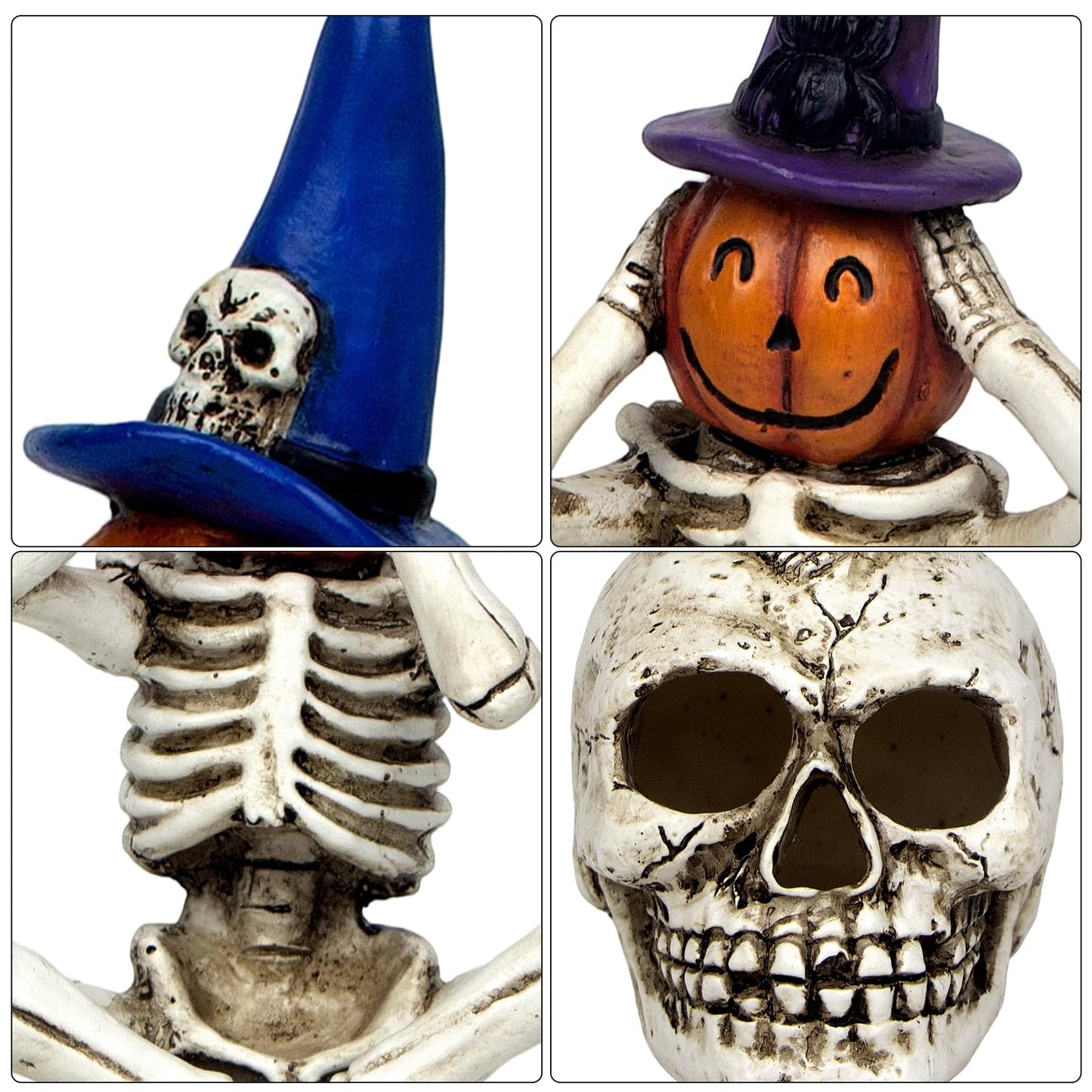 Mrlikale Halloween Skeleton Statue Set of 3, Witch Hat Pumpkin Skeleton Figurines with Skull Base Gothic Decoration for Tabletop, Home, Party