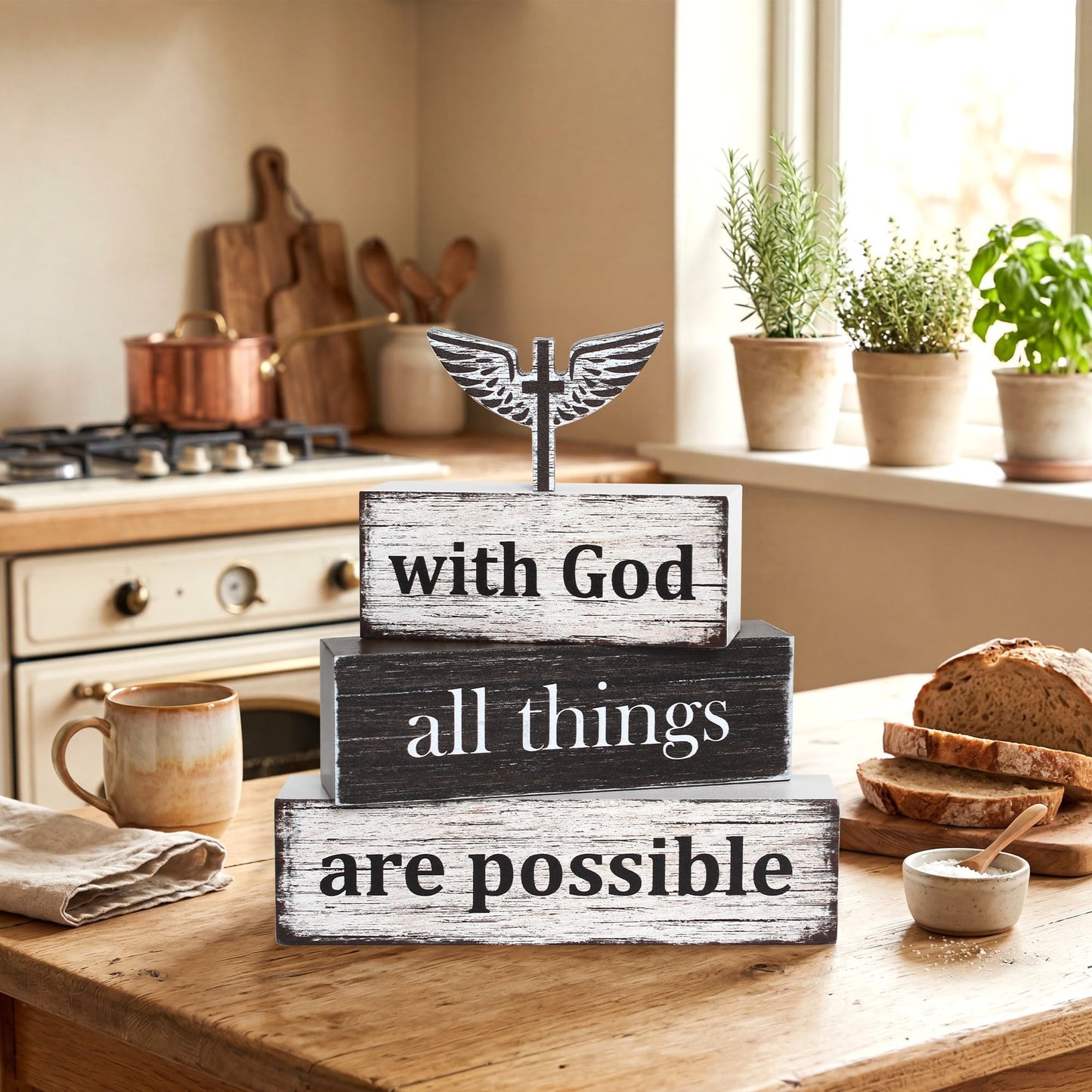 4 Pcs Farmhouse Wooden Tiered Tray Decor, Retro Rustic Bible Christian Table Centerpiece Decorations Gifts for Home Kitchen Mantel Shelf Office