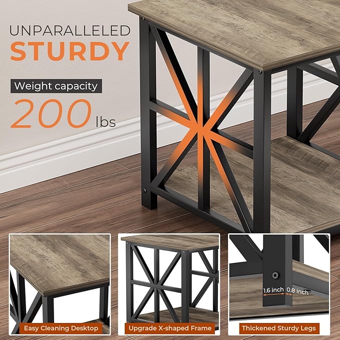 GreenForest End Table with 2-Tier Storage Shelf, 24 inch Large Side Table