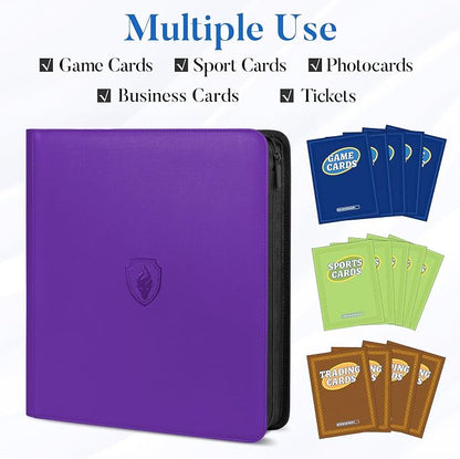 Premium Zip Card Binder 12 Pocket, Fabmaker 912 Pockets Trading Card Binder, PU Zipper Card Collection Album, Sturdy Side-Loading Card Book Holder for Game & Sports Cards, Purple