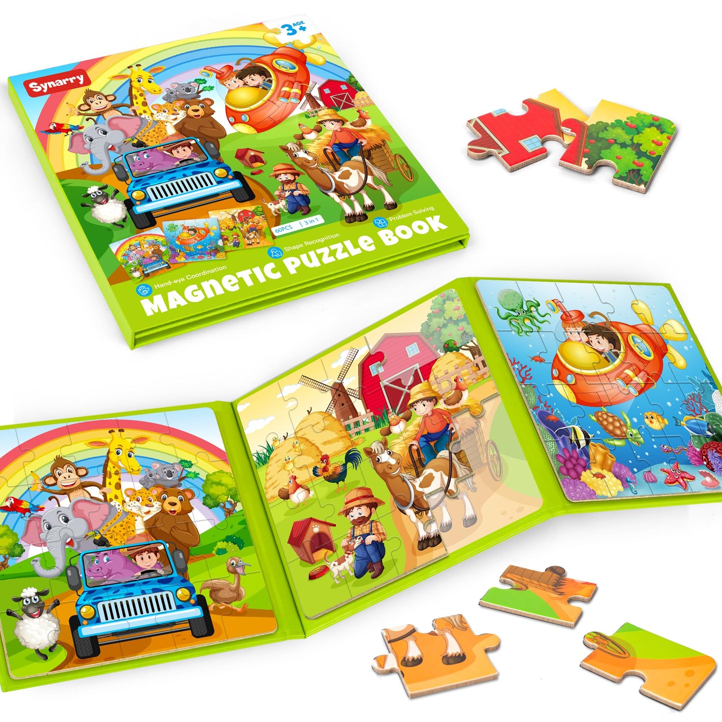 SYNARRY Magnetic Puzzles for Kids Ages 3-5, 20 Pieces Toddler Animal Puzzles for Kids Ages 4-6, Easter Basket Stuffers Gifts for Kids, Car Airplane Road Trip Activities Magnet Games Toy for Boys Girls