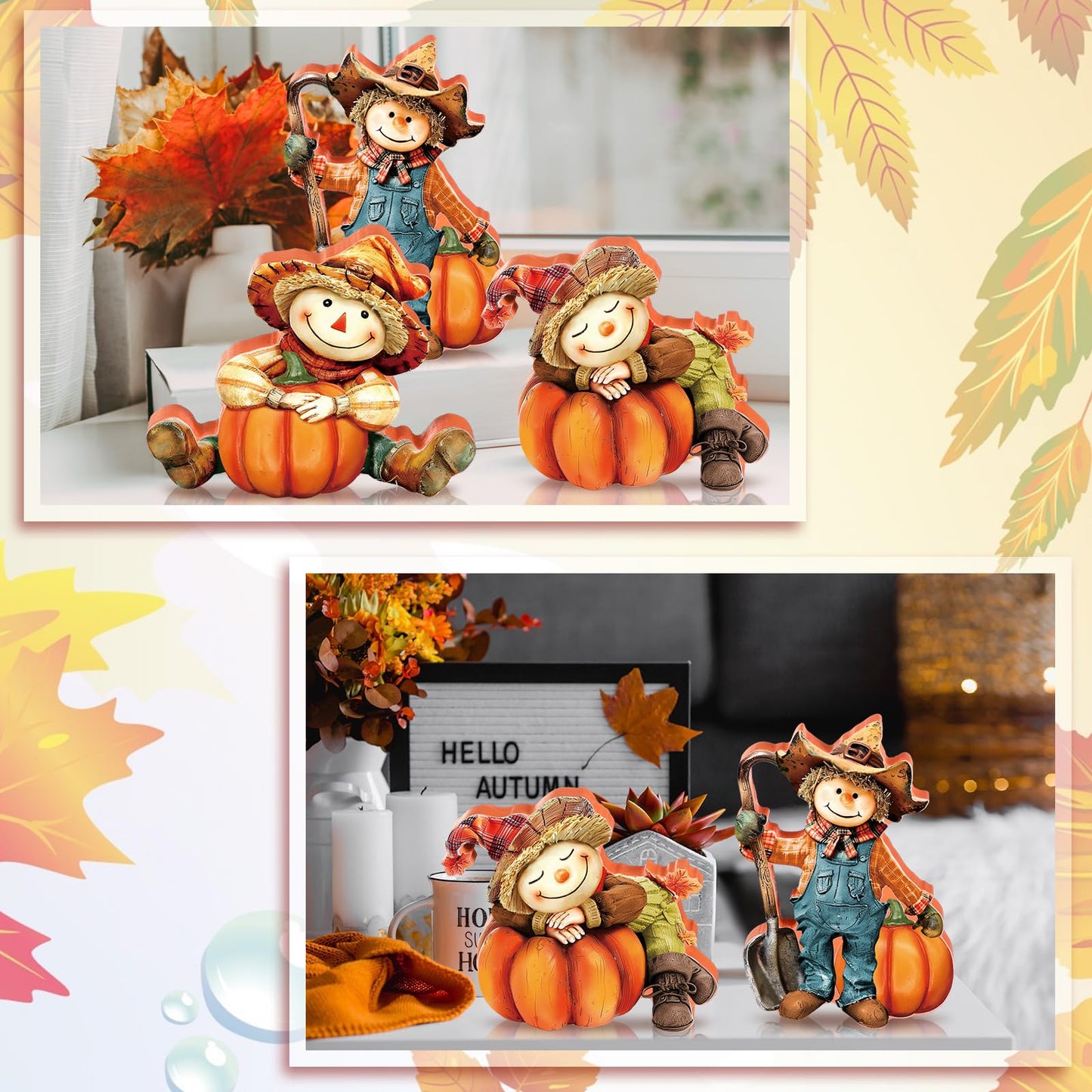 DoubleFill 3 Pcs Fall Figurines Home Decor Harvest Scarecrow with Pumpkins Wood Figurines Thanksgiving Wooden Scarecrow Decorations for Fall Thanksgiving Home Office Party Table Decoration Gifts