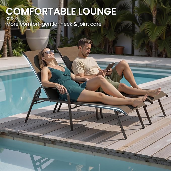 Crestlive Products Outdoor Chaise Lounge Chair, 5-Position Pool Lounge Chairs