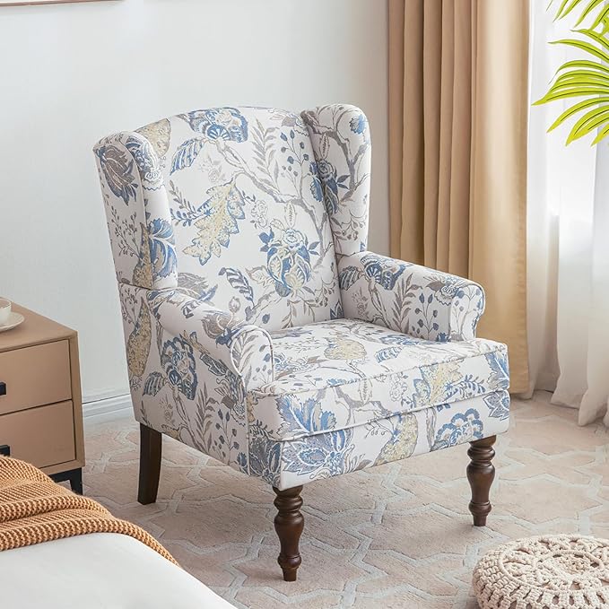 HUIMO Printed Wingback Accent Chair, Linen Upholstered High Back Armchair