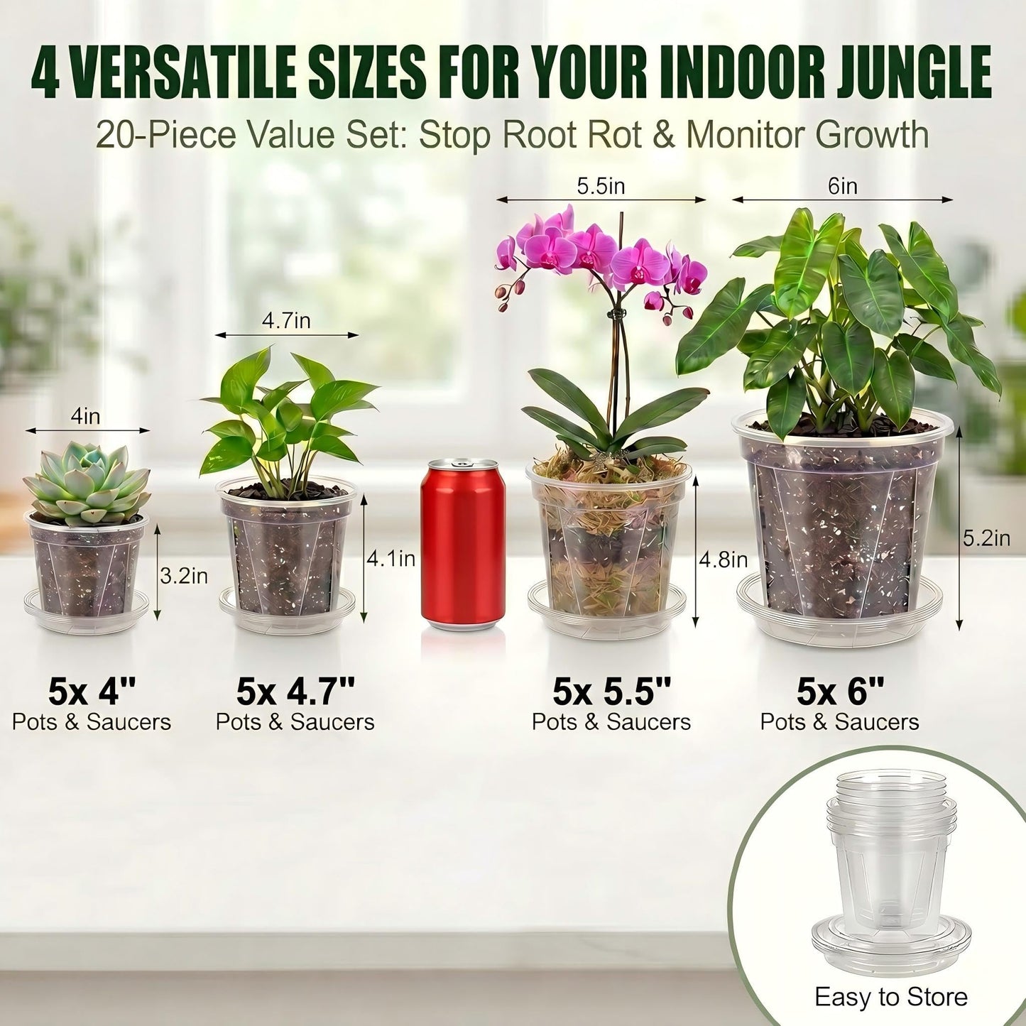 Olsury Clear Nursery Pots with Drainage: Stop Root Rot via Side-Bottom Vents & 1-Second Root Check - Heavy Duty Plastic Pots for Indoor Repotting, Orchids & Aroids (20 Pack with Saucers, 4-6 Inch)