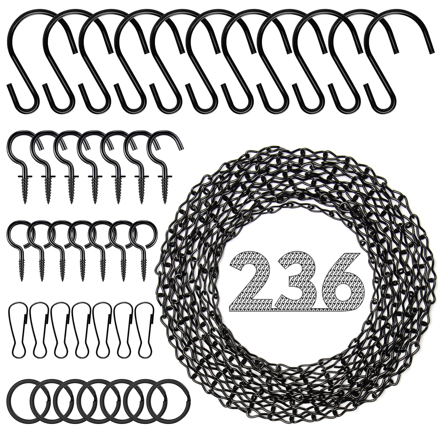 Tsocent Metal Hanging Chain, 236 Inch Black Chains for Plants, 12×S Hooks, 12×Buckles, 12×Rings, 24×Screw Hooks for Bird Feeder, Planter, Wind Chimes (Black)