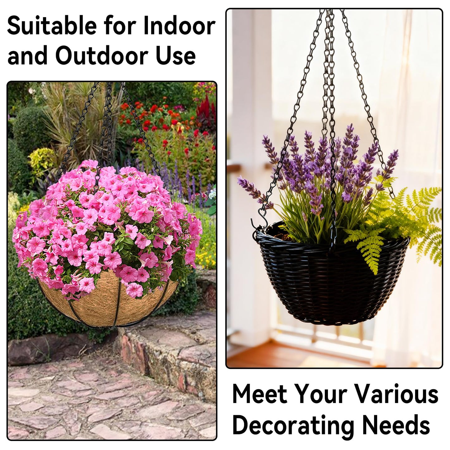 ZeeDix 4 Pack, 16 Inch Hanging Basket Chain with Hooks, Black Metal Planter Flower Pot Chain for Hanging Plants Outdoor, Adjustable Replacement Chain for Lanterns, Bird Feeders and Flowers
