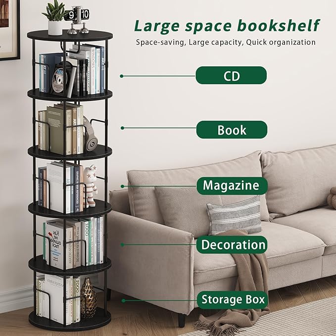5Tier Rotating Bookshelf, Spinning Bookshelf Tower, 360 ° Display Space Saving