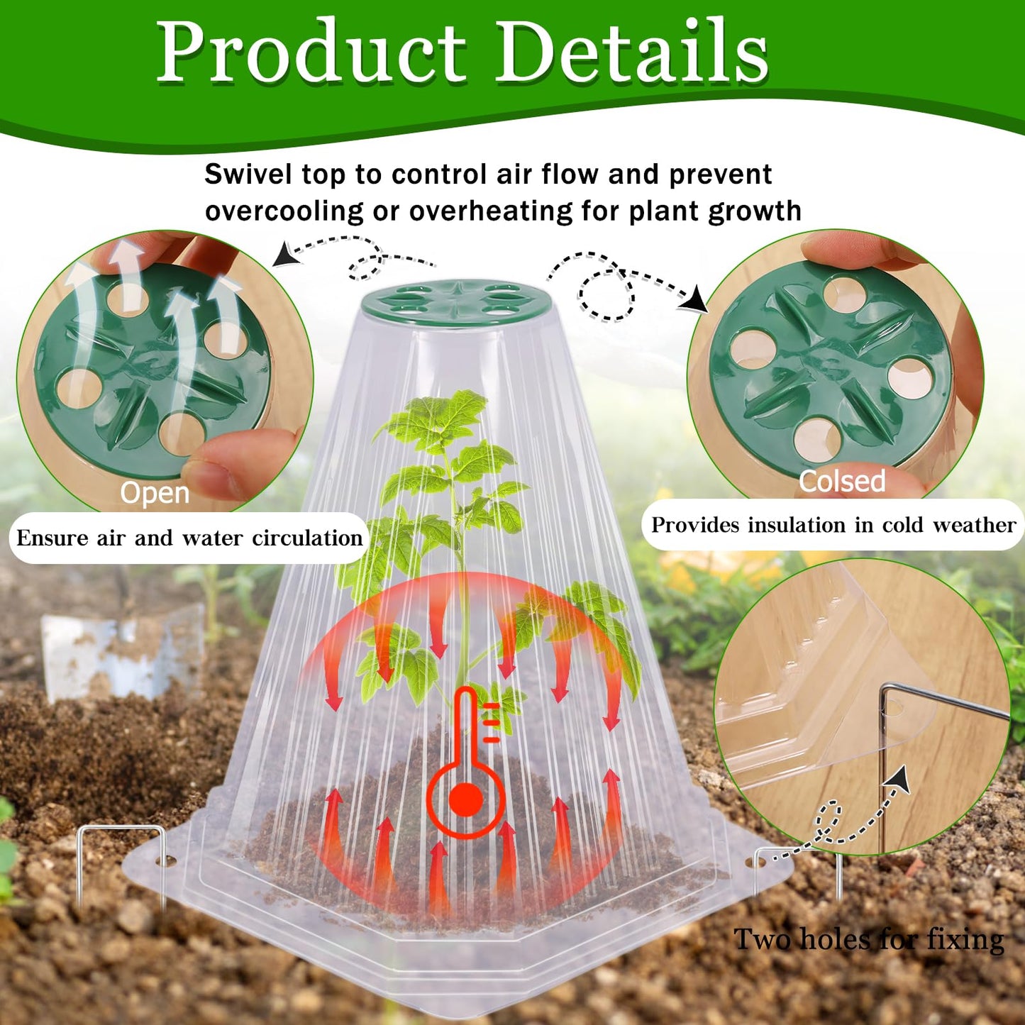 VICAMB 20 Pack Garden Cloches for Plants with 40PCS Ground Stakes,Clear Reusable Bell Covers with Rotatable Vent for Plant Protection,Garden Protector from Animals Birds Chicken,7.9" H X 6.7" D