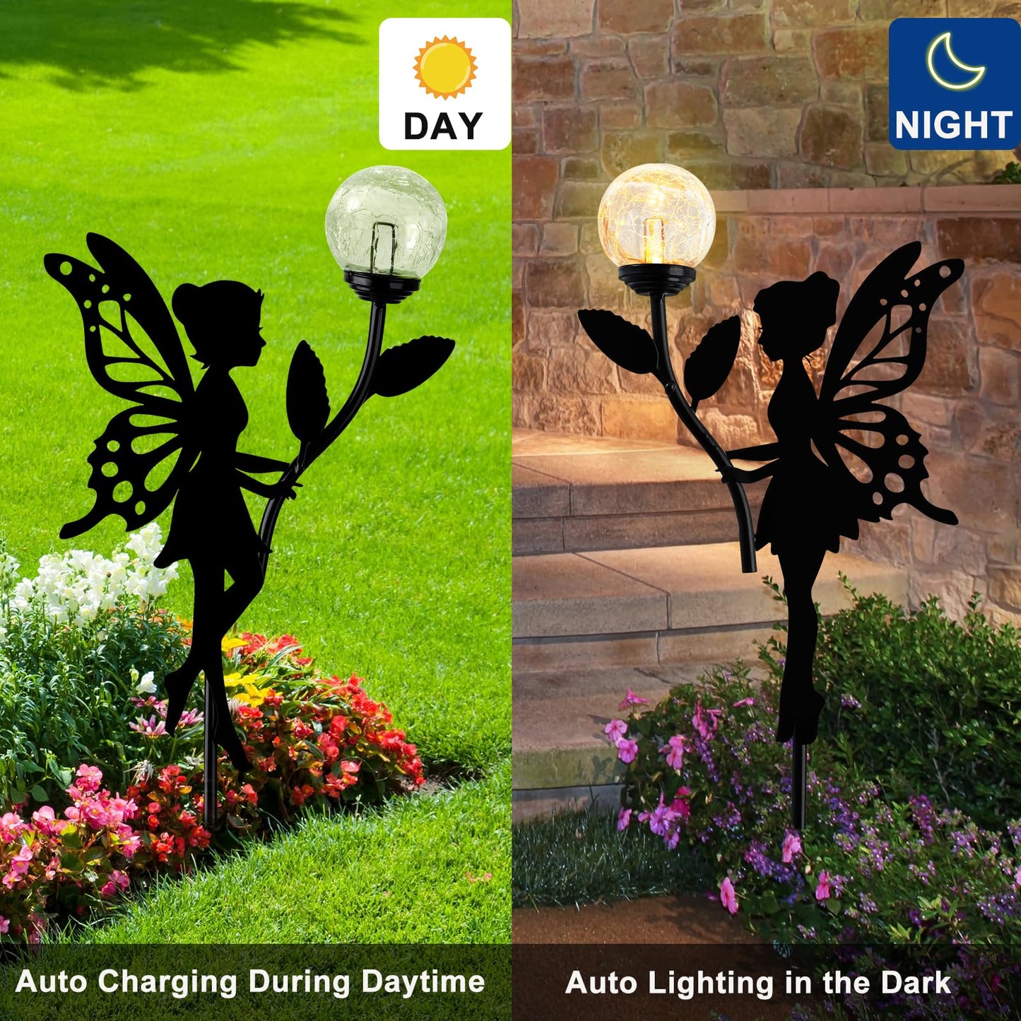 Ouddy Decor 2 Pack Solar Fairy Garden Decor, Metal Statues with Crackle Glass Globe Lights Silhouette Waterproof for Outdoor Lawn Patio Yard Pathway Home Mother's Day Decorations Gardening Gifts