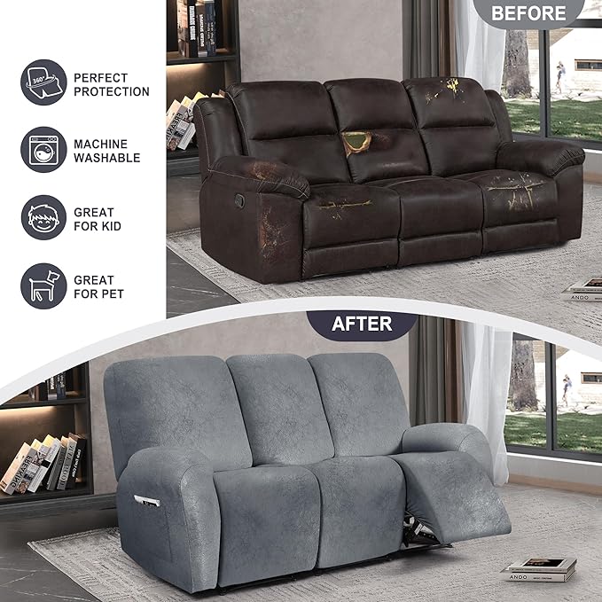 ANARACHON Leather Look Recliner Couch Cover, 8-Pieces Stretch Recliner Sofa
