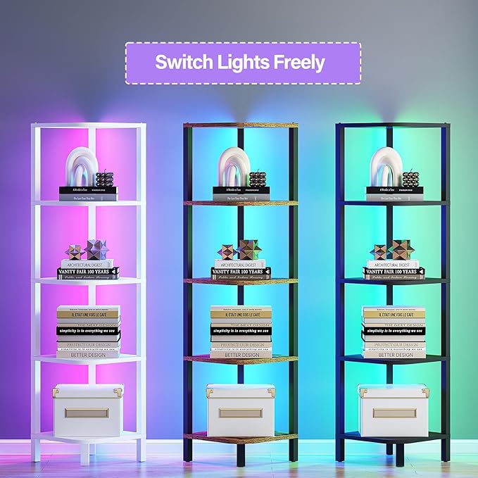 TUTOTAK Corner Shelf with LED Light, 5-Tier Corner Bookshelf