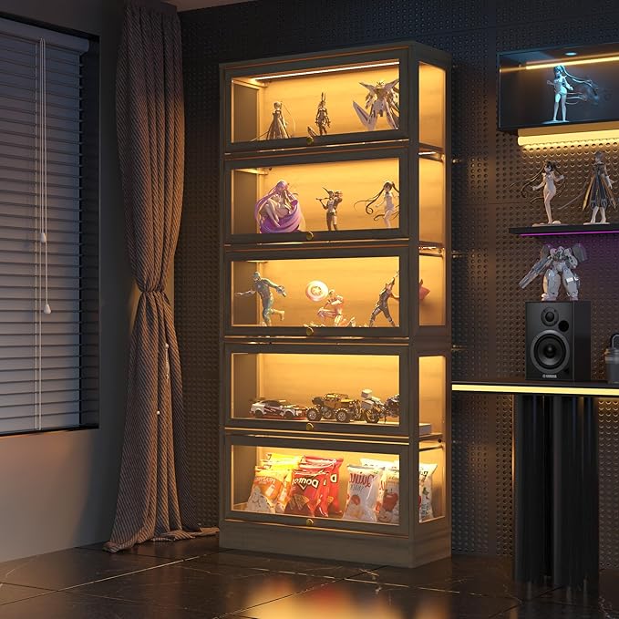 Display Cabinet with Acrylic Glass Doors, 5-Tiers Curio Cabinet with LED