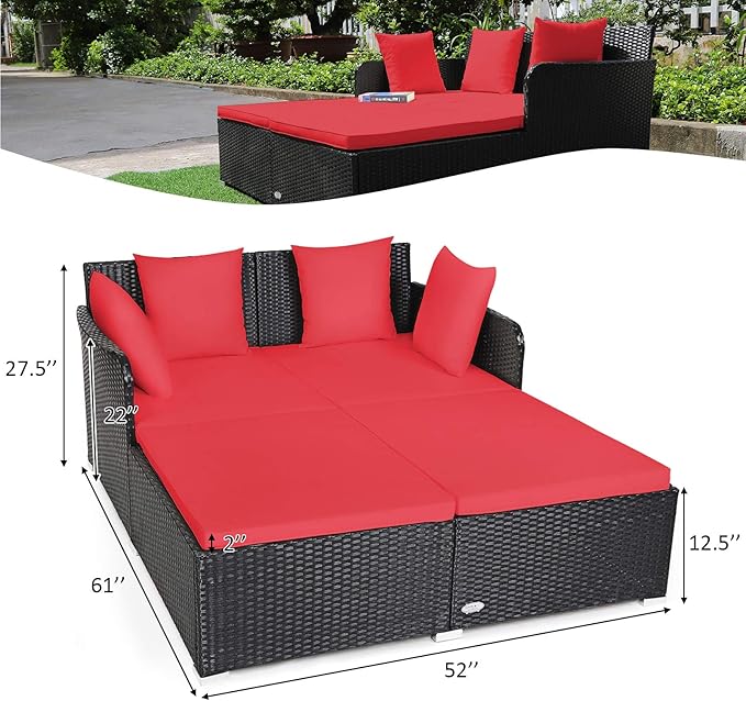 COSTWAY Outdoor Patio Rattan Daybed, Sponge Cushioned Loveseat Sofa