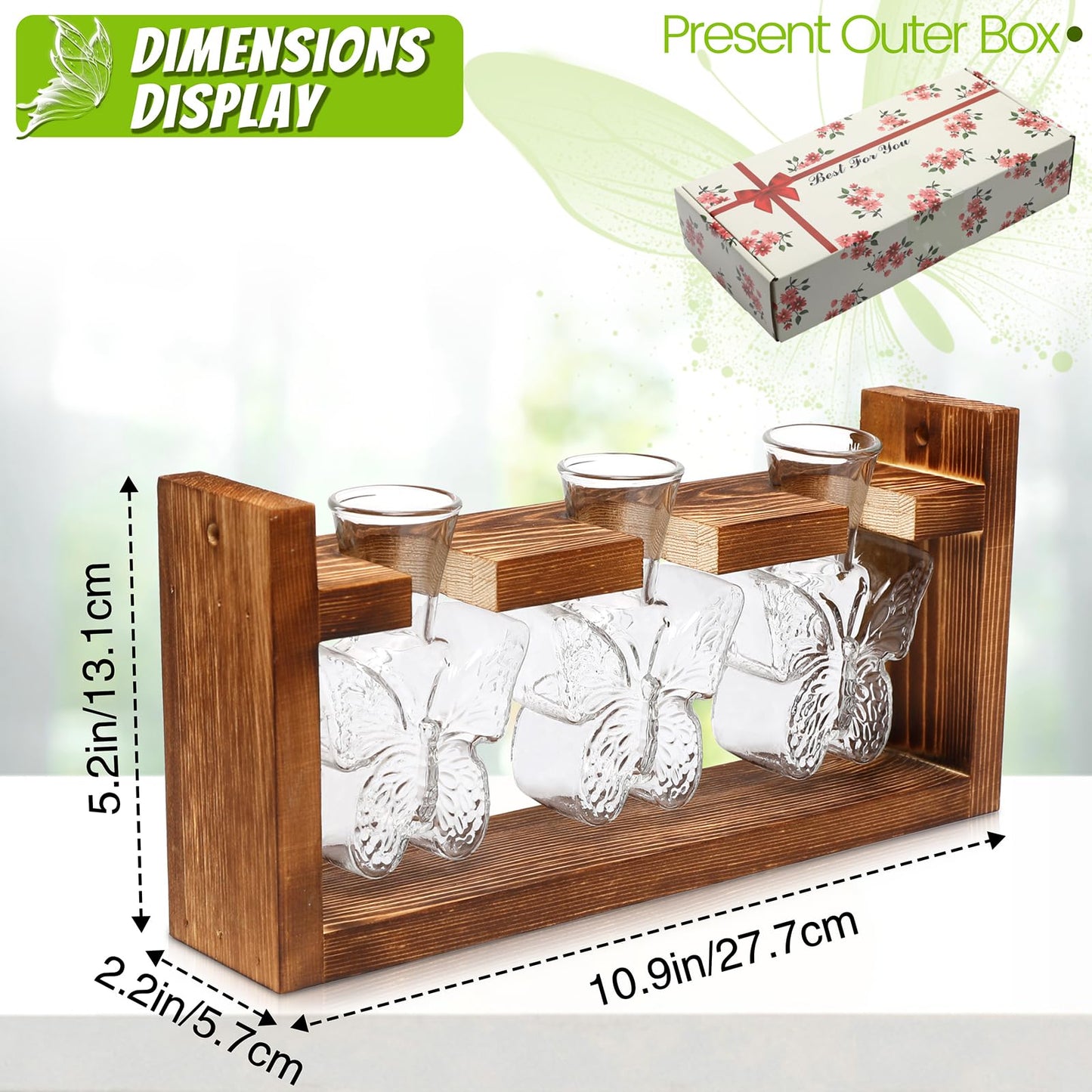 Glass Plant Propagation Station Butterfly Planter Vase with Wooden Stand Birthday Gifts for Women Mom Plant Lovers Office Home Decoration