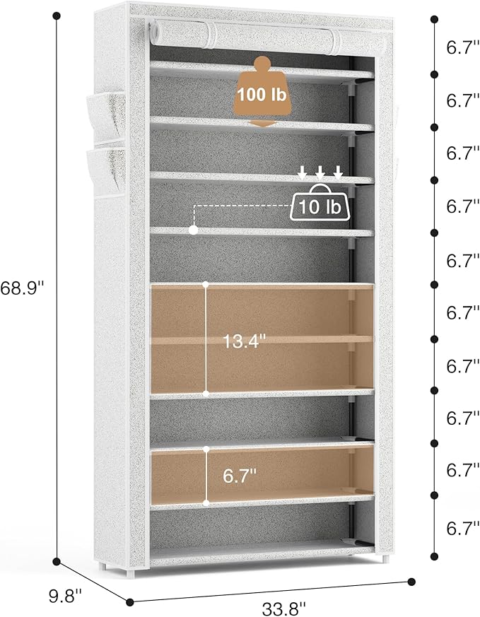 ROJASOP 10 Tier Shoe Rack with Covers Large Capacity Stackable Tall Shoe Shelf
