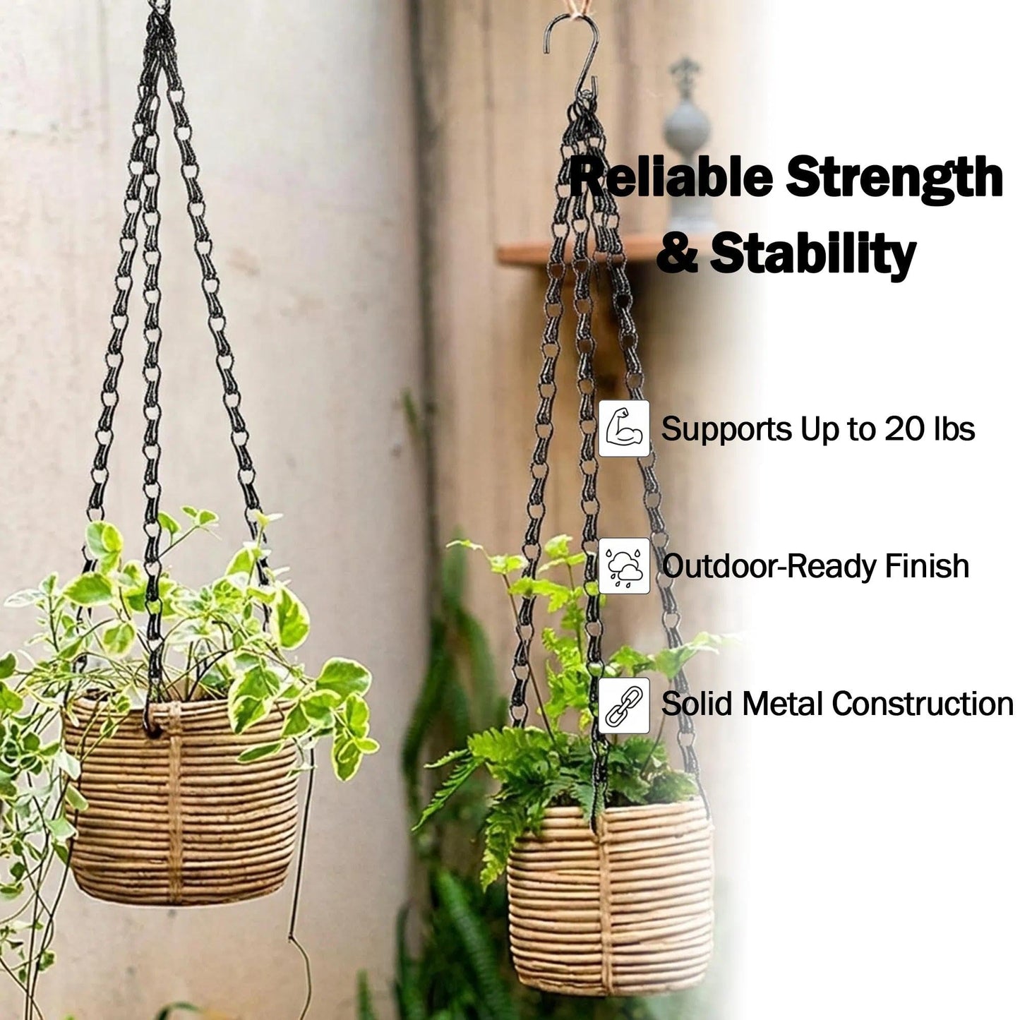 8 Pack 19.6（50cm） Inch Hanging Basket Chains 3 Point Black Metal Hanging Chains with Hooks for Plant Flower Pot Basket, Replacement Chain Hangers for Lantern, Bird Feeder, Planter, Indoor and Outdoor