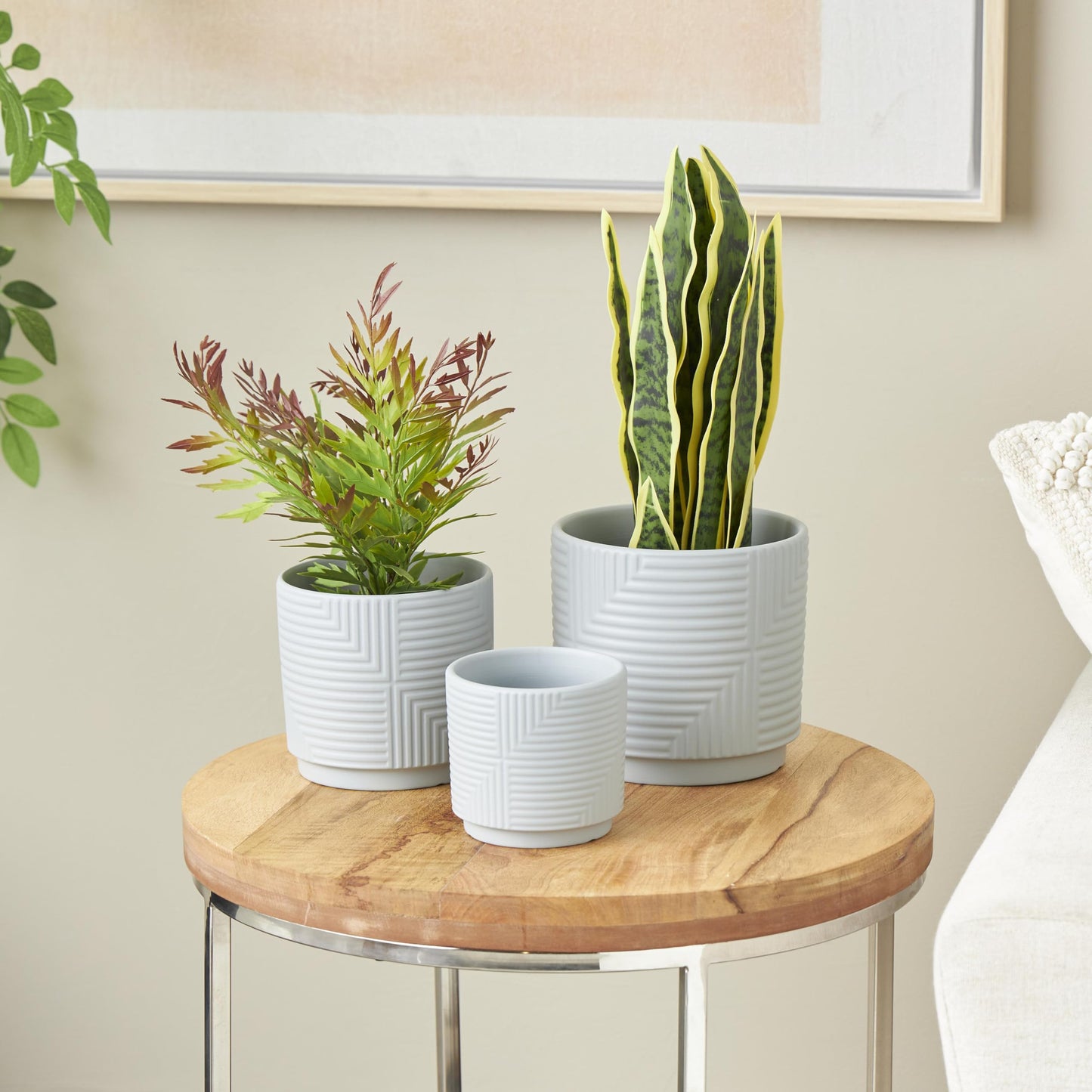 Deco 79 Ceramic Indoor Outdoor Planter Small Planter Pot with Layered Square Shaped Grooves, Set of 3 Planters 7", 6", 4"H, Gray
