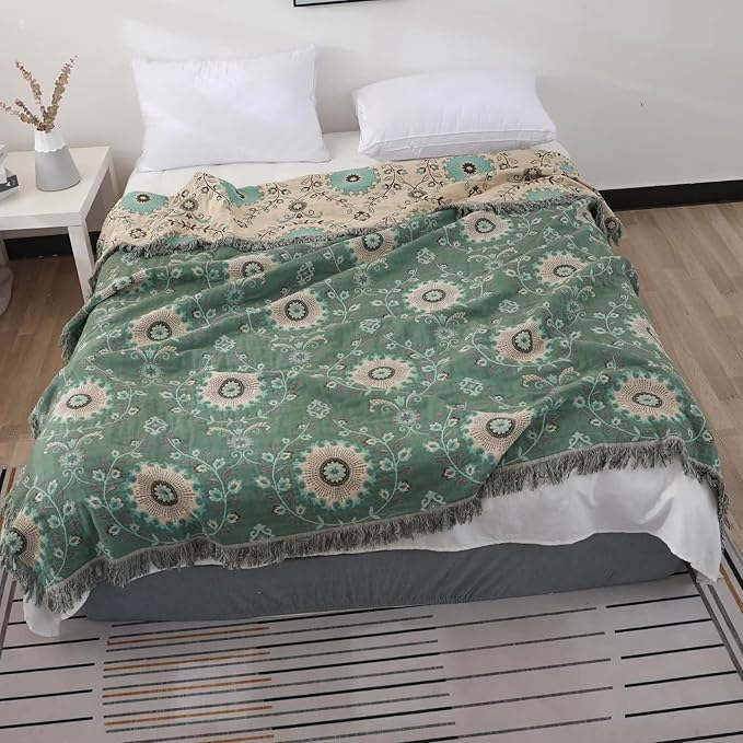 Boho Throw Blanket for Bed 100% Cotton Ultra Soft Rustic Quilt Summer Blanket