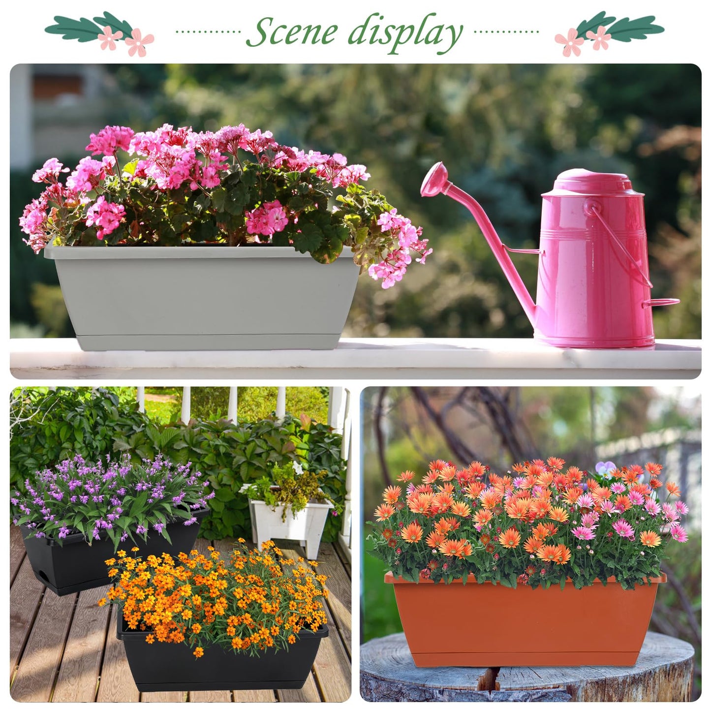 Lysjtsr 12Pcs 17Inches Rectangle Planter Box with Drainage Holes and Trays Plastic Planters Flower Boxes Pots for Indoor Outdoor Plants Patio Garden Home Decor Porch Yard (Red)