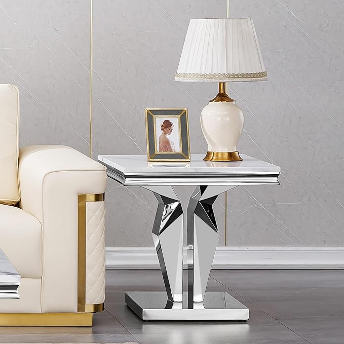 Henf Marble End Table Modern White Faux Marble Sofa Side Table