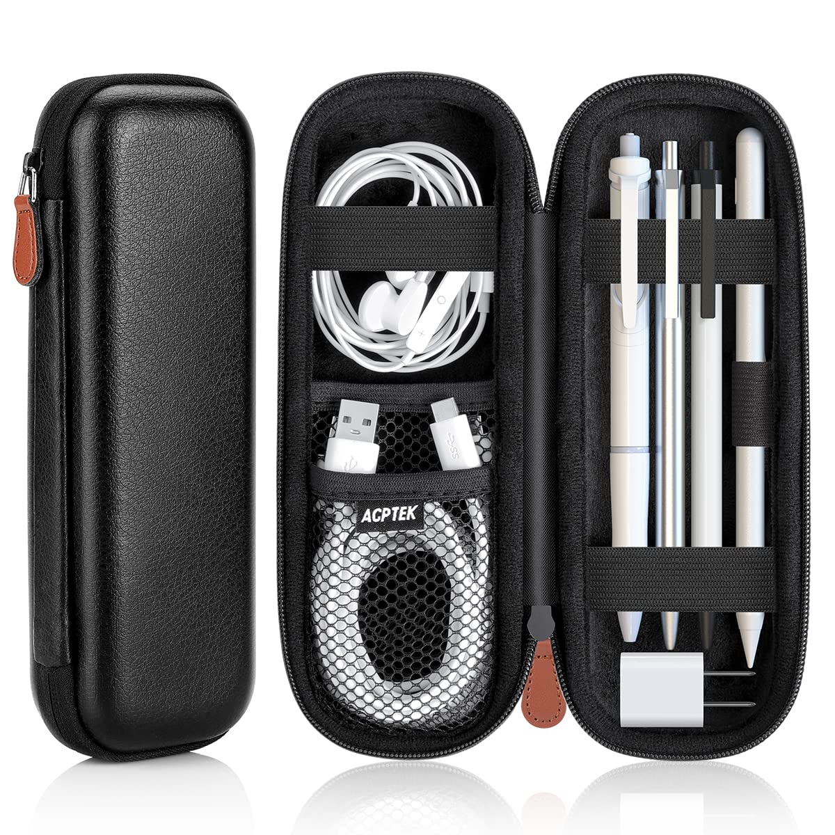 AGPTEK Case Holder for Apple Pencil, Slim PU Leather Carrying Case Pouch Cover Compatible with Apple Pen Accessories, USB Cable, Earphone,Samsung Stylus iPad Pro Pen/Pencil, Recording Pen, Black