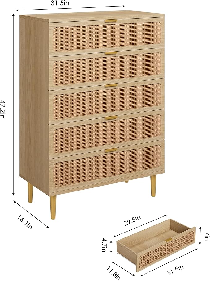 GarveeHome Rattan 5 Drawer Dressers