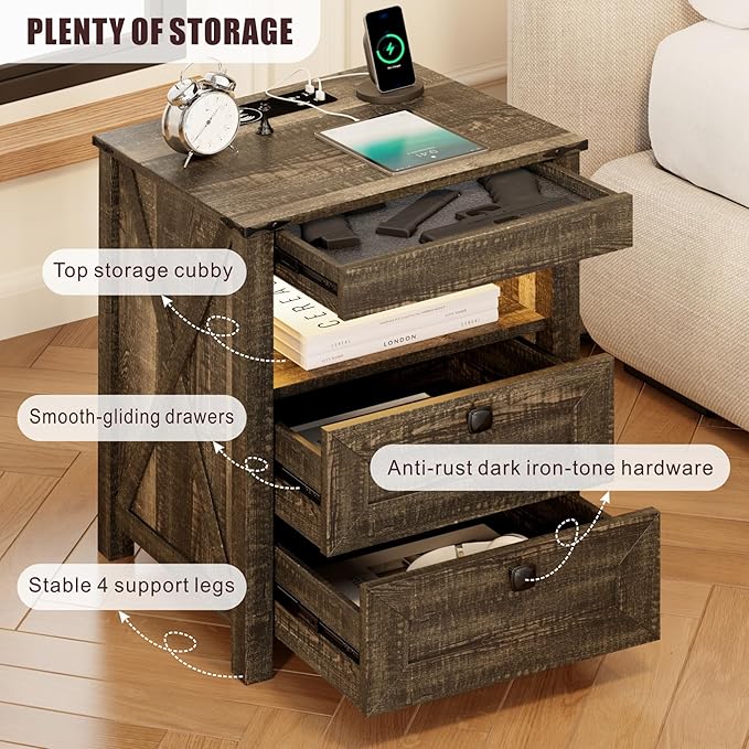 HWB LED Nightstand with Gun Drawer: Bedside Table with Charging Station