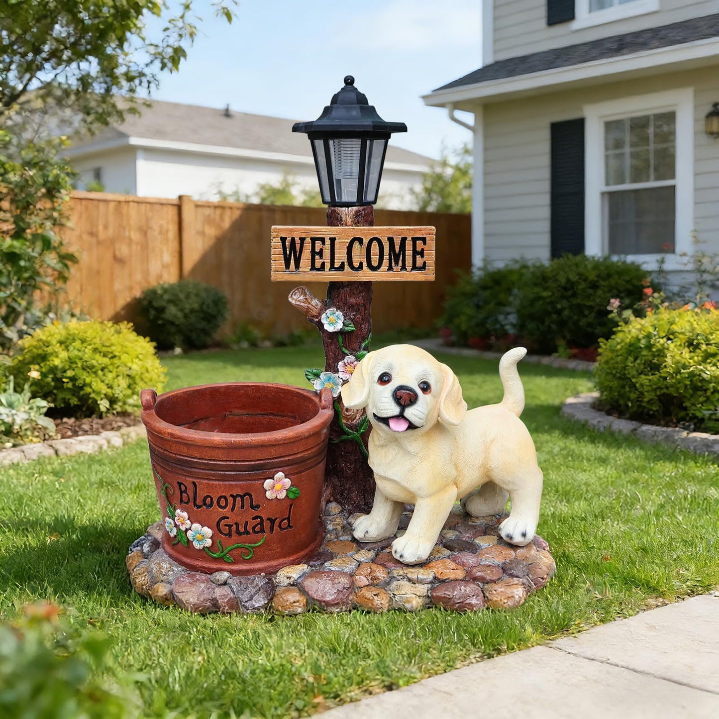 UNOIRNM Labrador Puppy Outdoor Garden Statue - with Solar Lantern and Bloom Guard Planter, Extra Large 20.9" Welcome Dog Figurine for Patio, 11 lbs Heavy Duty Resin Decor, 18.9" Length Flower Pot