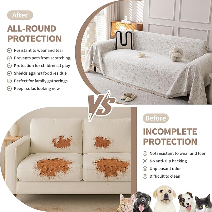 Couch Cover for Dogs, Boho Sofa Covers for 3 Cushion Couch, Chenille Slipcover