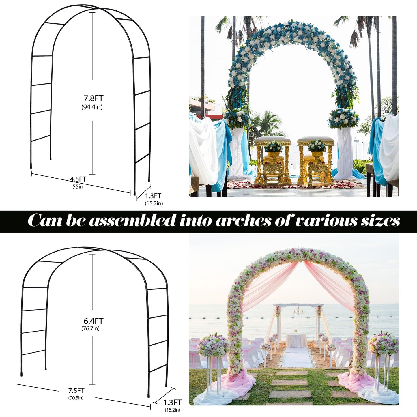 Thickened Tube Garden Arch Trellis, 4.6 * 7.8 or 6.4 * 7.5Ft, Metal Archway Arbor Stable Outdoor Garden Trellis for Climbing Plants, Party Wedding Arch Decoration