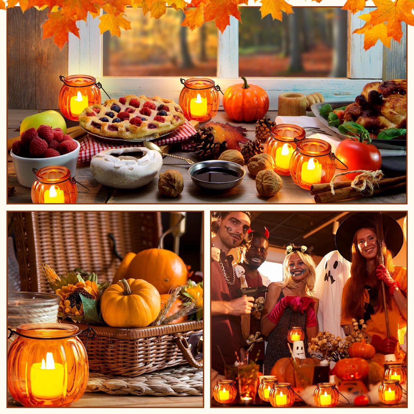 Mumufy 12 Sets Pumpkin Votive Candle Holders Thanksgiving Tea Light Holder Glass Fall Candle Holders with Handle for Thanksgiving Table Centerpiece Decorations Halloween Party Decor(Orange)