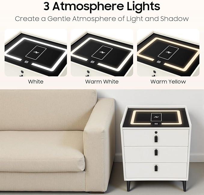 Smart Nightstand with Charging Station, Adjustable LED, USB Ports, Fingerprint