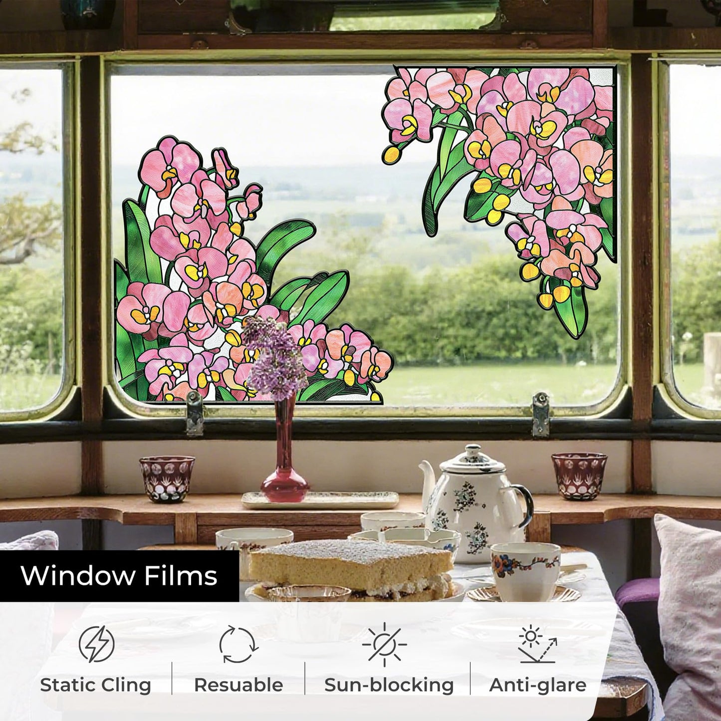 ADD.HERES Window Stickers, Stained Glass Window Privacy Film, UV Blocking Static Cling for Home Kitchen Office Bathroom, Phalaenopsis, 17.7" X 31.5"