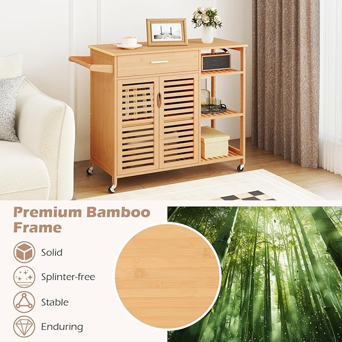 Giantex Bamboo Kitchen Island Cart, Mobile Serving Cart