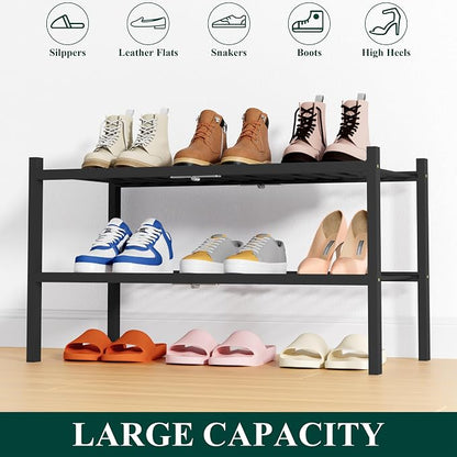 Smiry Bamboo Shoe Rack, 2 Tier Free Standing Wooden Shoe Organizer, Stackable Wood Shoe Storage Shelf for Closet, Entryway, 14 Vertical Slats, One-piece Heavy-Duty Legs, 26.8"x11"x13", Black