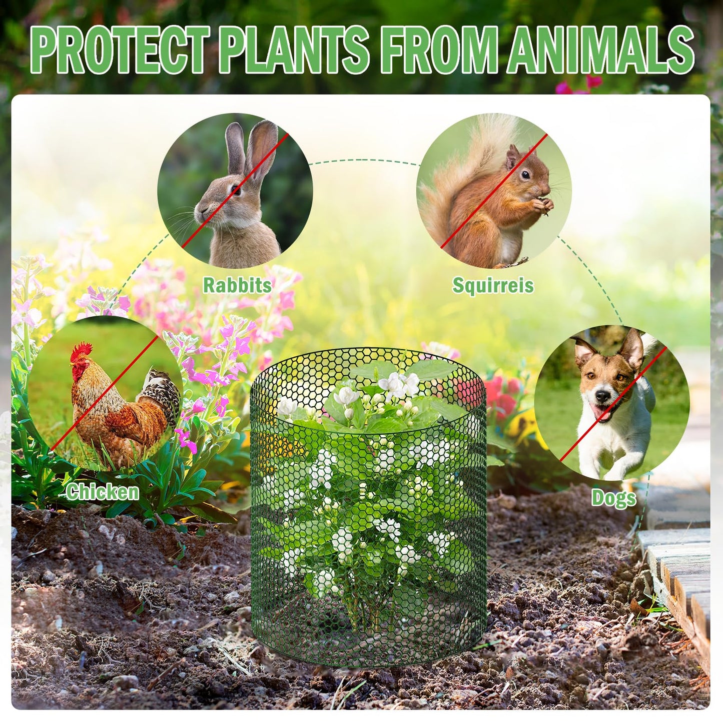 40Ft x 16In Plant Protectors from Animals, Plant Cages for Outdoor Plants, Free-Cut Wire Plant Protector, Plant Cover Chicken Wire Fencing with Ground Stakes & Ties to Keeping Bunny Animals Out