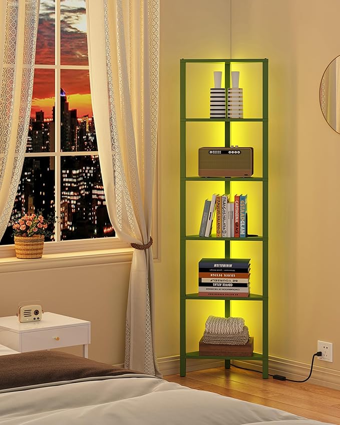 TUTOTAK Corner Shelf with LED Light, 6-Tier Corner Bookshelf