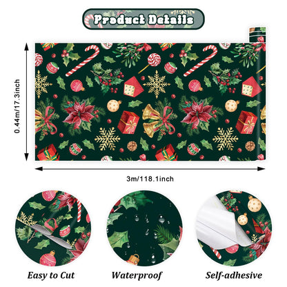 IARTTOP Merry Christmas Wallpaper Peel and Stick Xmas Holiday Poinsettia Contact Paper for Wall Cabinets Christmas Ornament Wallpaper Self-Adhesive for Winter Party Bedroom Holiday Decor(17.3"X118.1")
