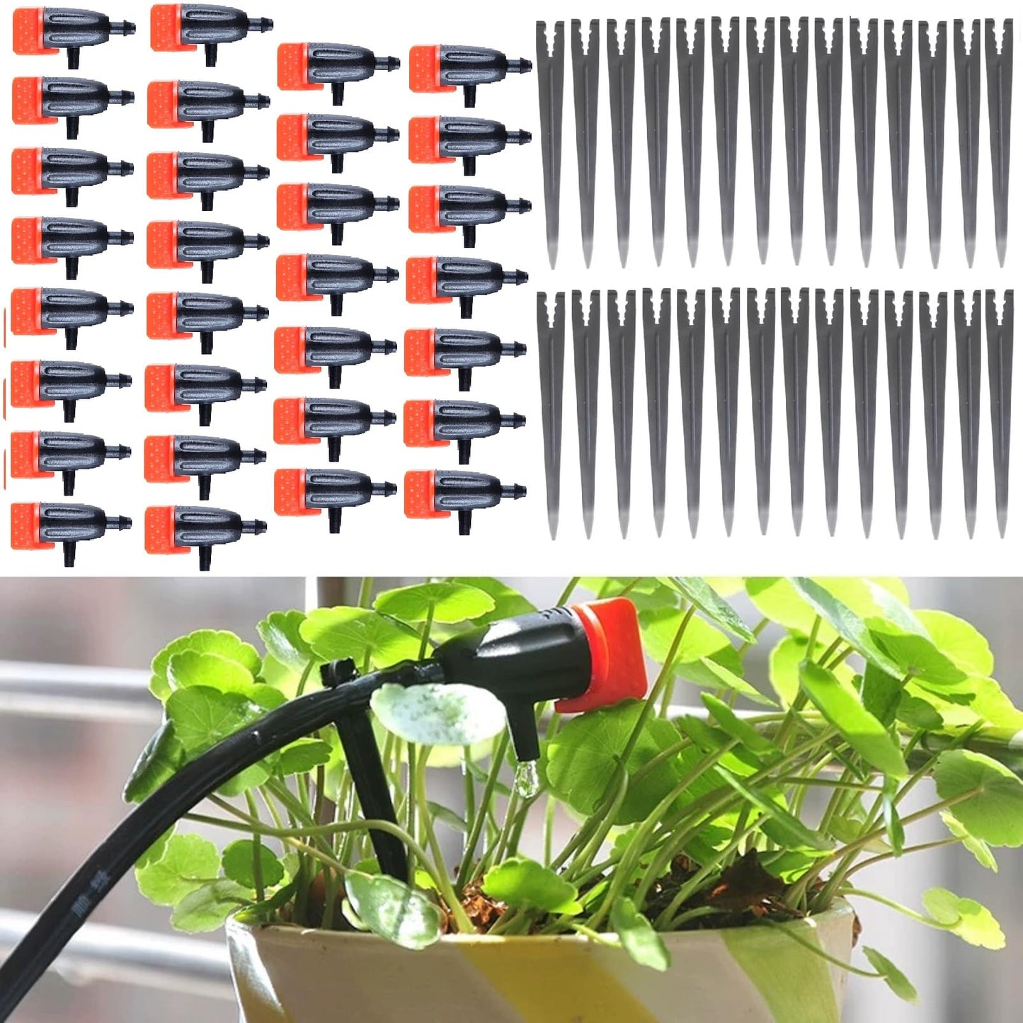 30PCS Garden Irrigation Dripper,Drip Emitters for 1/4" Drip Irrigation Tubing with Support Stakes, Adjustable Water Flow Drippers Watering Dripper Sprinkler for Watering System for (4-7mm) Hose (30)