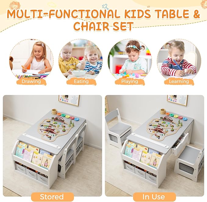 5-in-1 Kids Art Table and Chairs, Toddler Table and Chair Set, Craft Play Desk