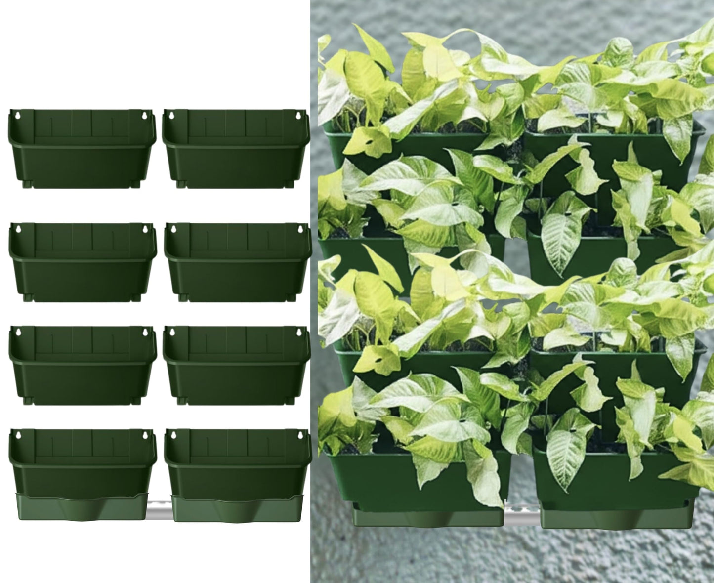 Maxona Vertical Wall Planter for Indoor Plant-Walls Mounted Pot with 2 Drainage Tray 8 Pack, 13 inch Dark Green for Indoors and Outdoor Decor, Plastic Pots Balcony Planters, Plants Hanging
