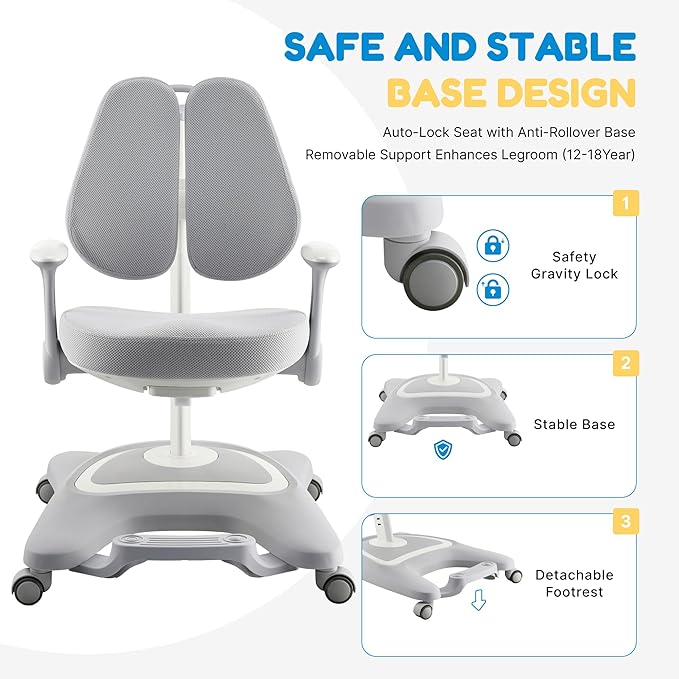 ERIYA Kids Desk Chair, Ergonomic Chair: Height-Adjustable, Double Back Support