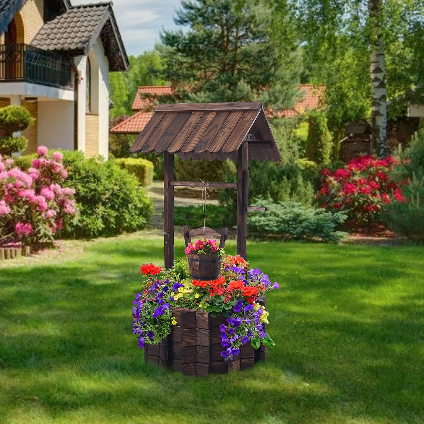 Notume Garden Wooden Decor Rustic Wishing Well Planter Outdoor Home Décor for Patio, Upgrade Wishing Well Garden, Yard Hanging Bucket Patio Lawn Backyard Home Decor