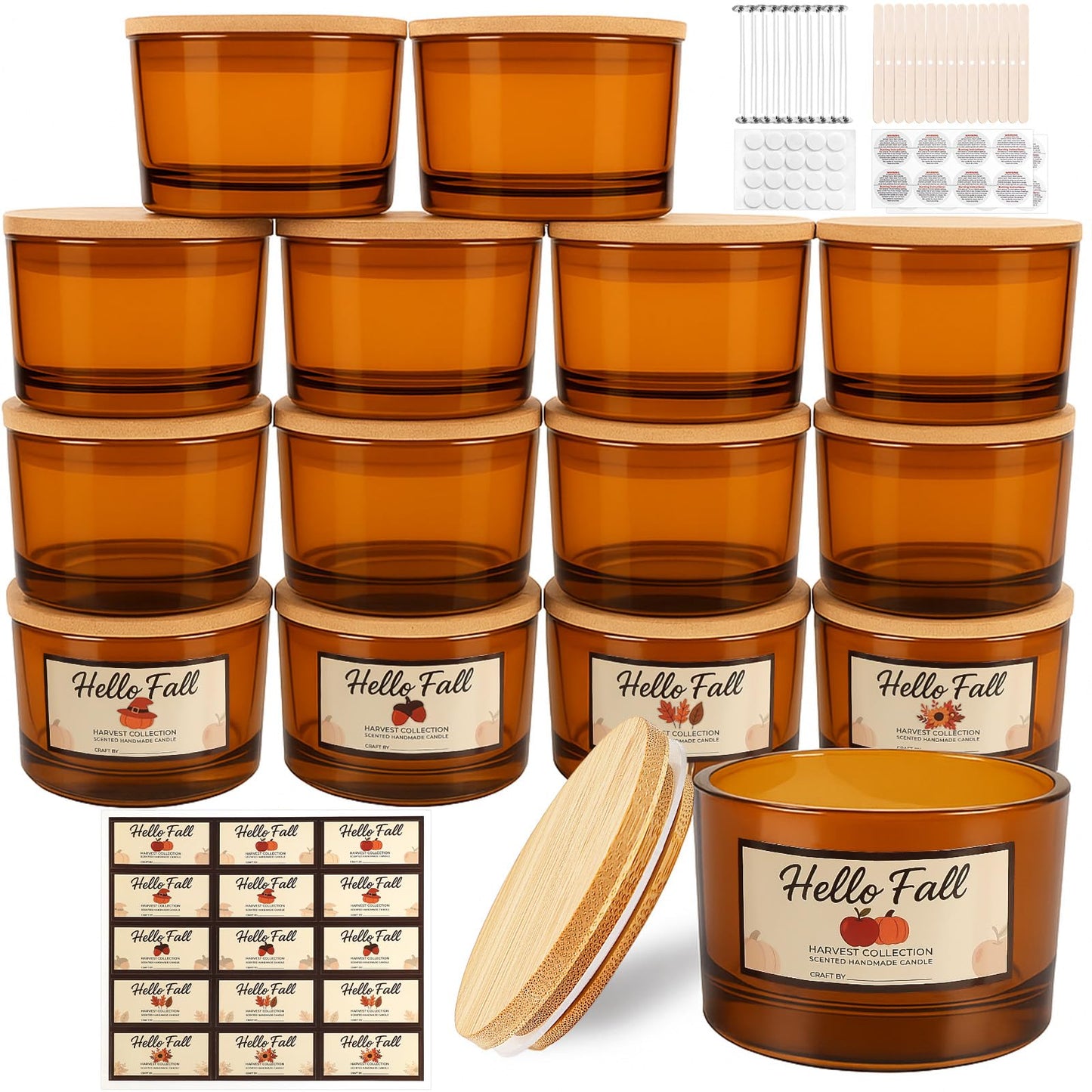 CONNOO 15 Pack 4oz Amber Glass Candle Jars with Bamboo Lids for Making Candles, Bulk Small Wide Mouth Glass Containers with Wick Kit for Candle Making, Ideal for DIY & Candle Business
