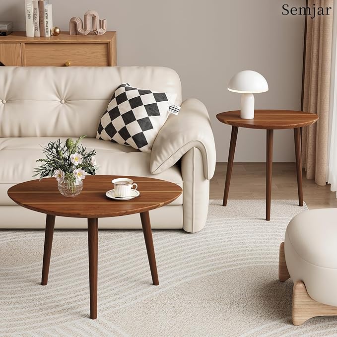 Small Oval Coffee Tables Set, Acacia Wood Nesting Tables（25.6"x17.7"+17.7"x13.4"