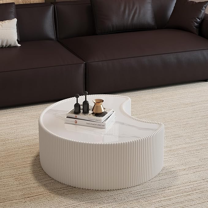 29.53" Marble Coffee Table, Modern Creative Moon Coffee Table